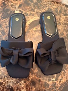 NEW Women’s Black Oversized Bow Slide Sandals Square Toe Slip-On EU 36 US 6